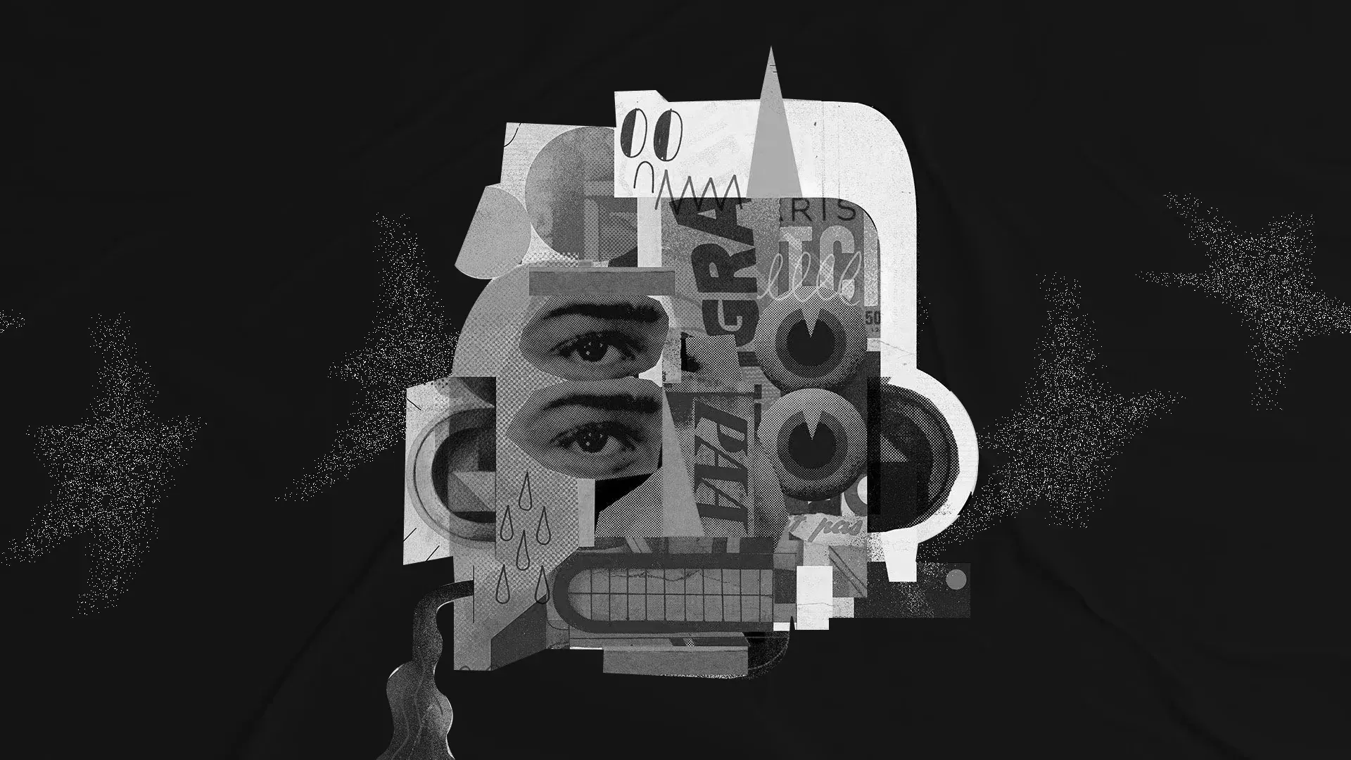 Grayscale collage of an abstract face with stacked eyes, type fragments, and geometric marks — brand identity and messaging.