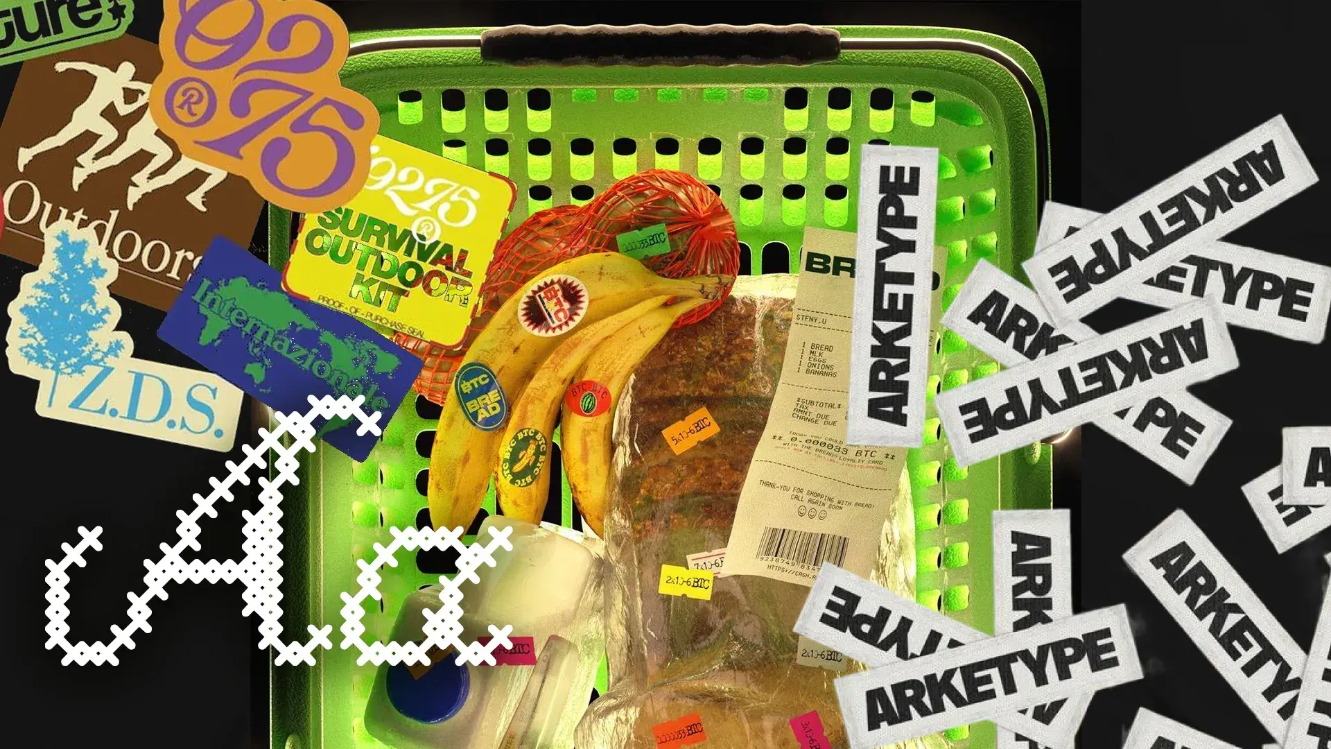 Lime-green grocery basket with bananas, bread, and scattered ARKETYPE stickers on black — visual branding and identity.