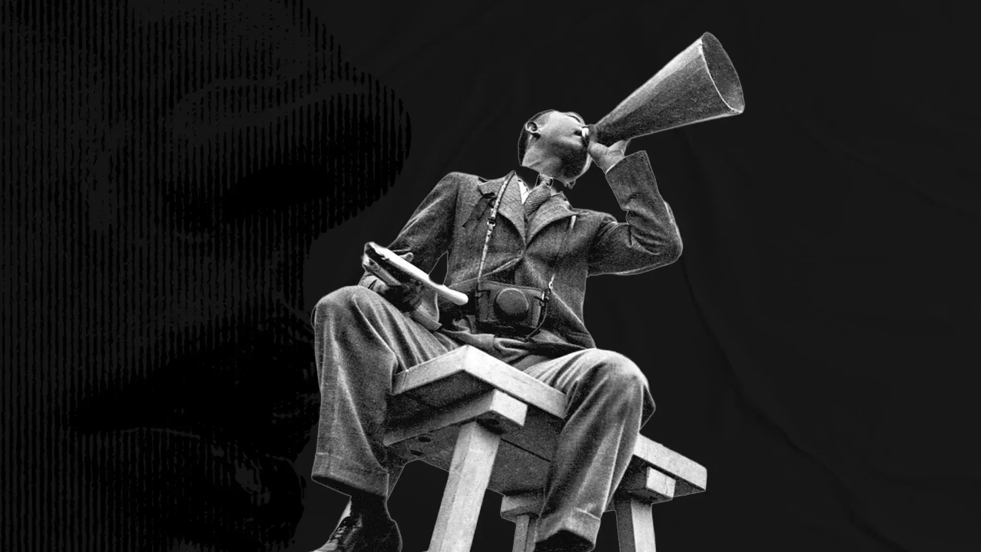 Black-and-white cutout of a suited figure with a megaphone, camera, and notepad against a halftone silhouette — communication strategy.