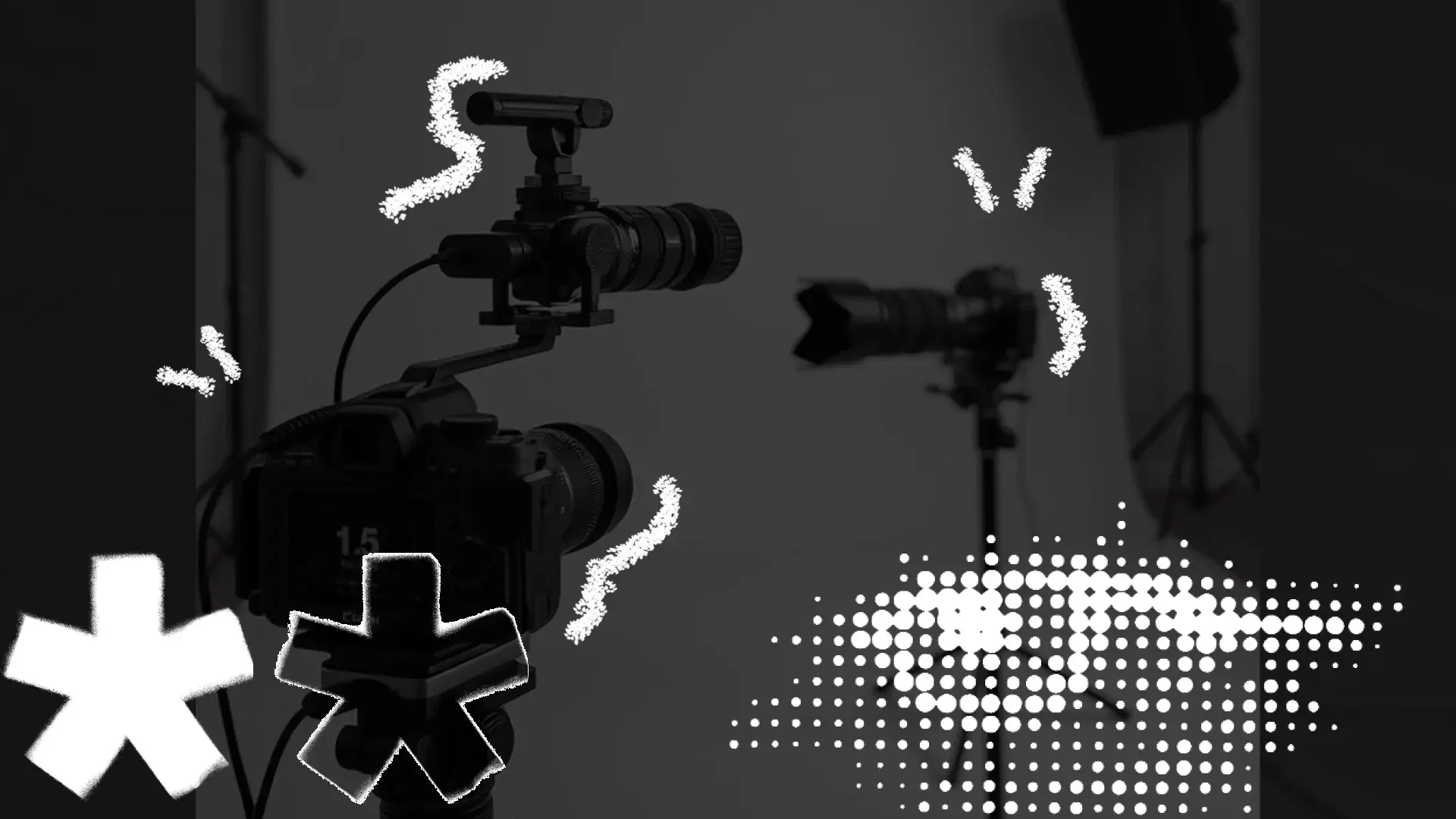 Black-and-white studio cameras on tripods with white star doodles and a halftone splash — content and production.