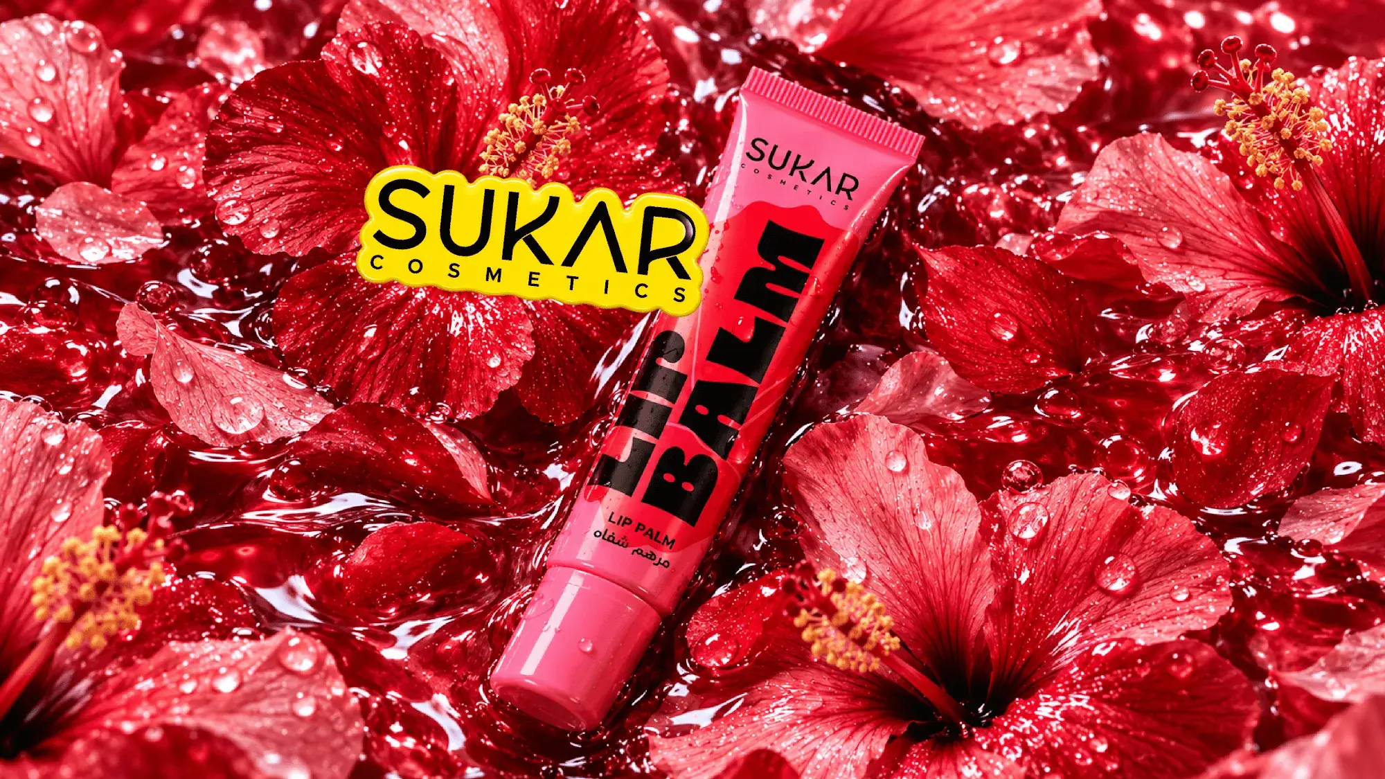 Pink Sukar lip balm on wet red hibiscus flowers
