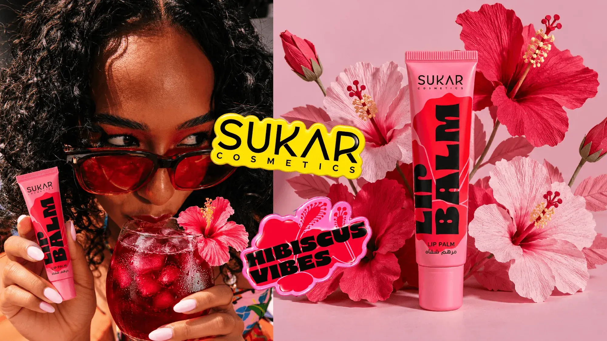 Hibiscus lip balm still: a woman in red glasses beside the tube and flowers