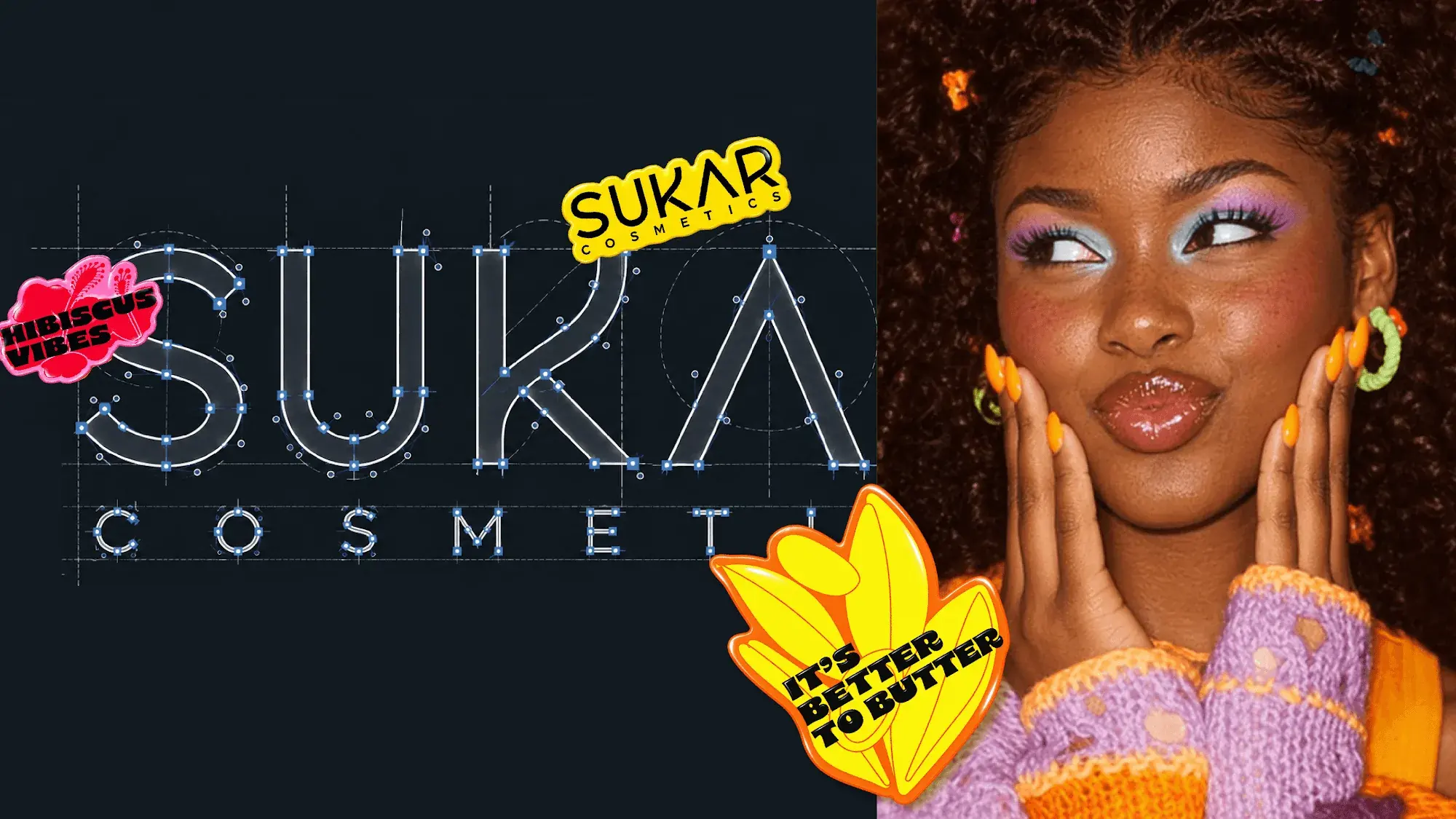 Sukar Cosmetics logo construction next to a portrait in a knit sweater