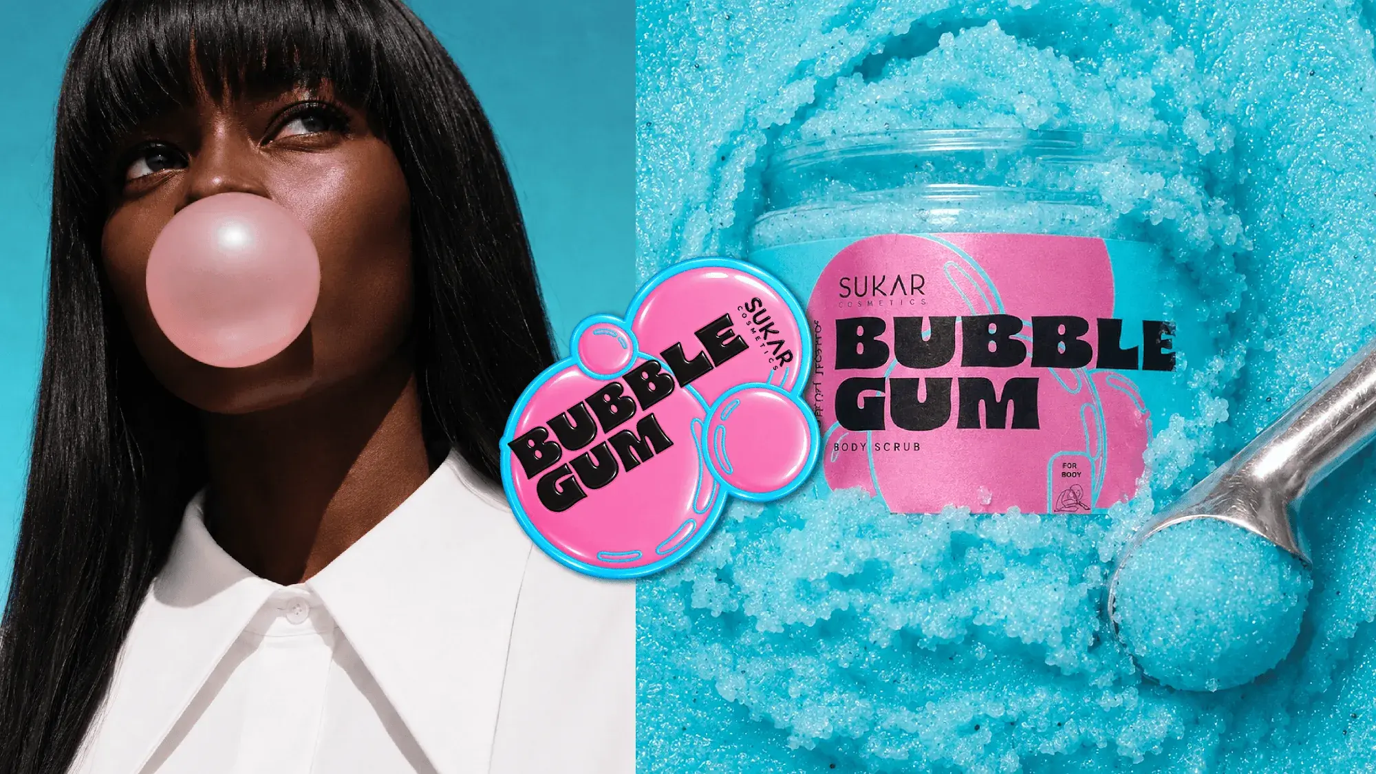 Woman blowing a pink bubble beside a jar of Sukar bubble gum scrub