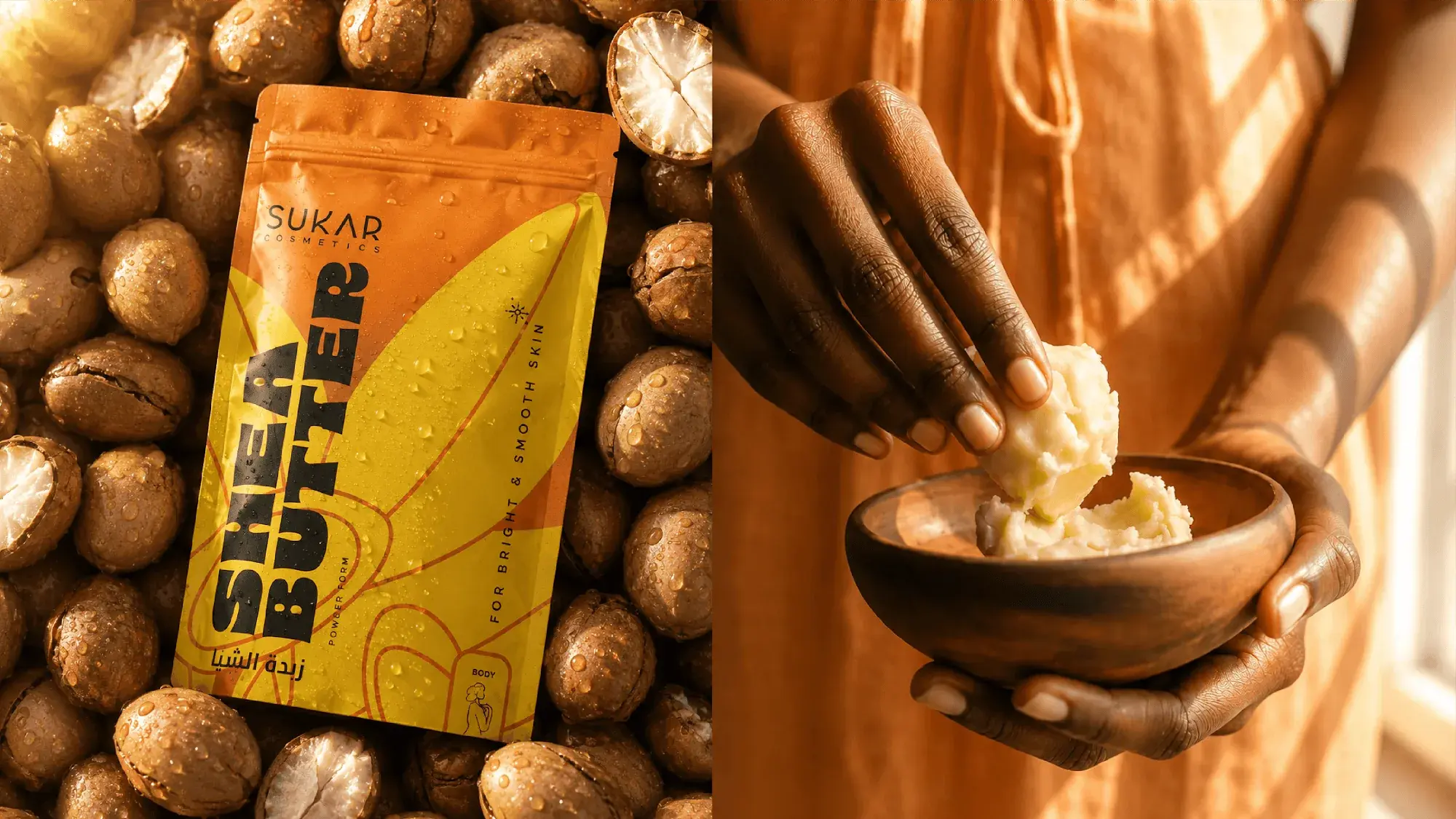 Shea Butter pouch on shea nuts, and hands lifting shea butter from a wooden bowl